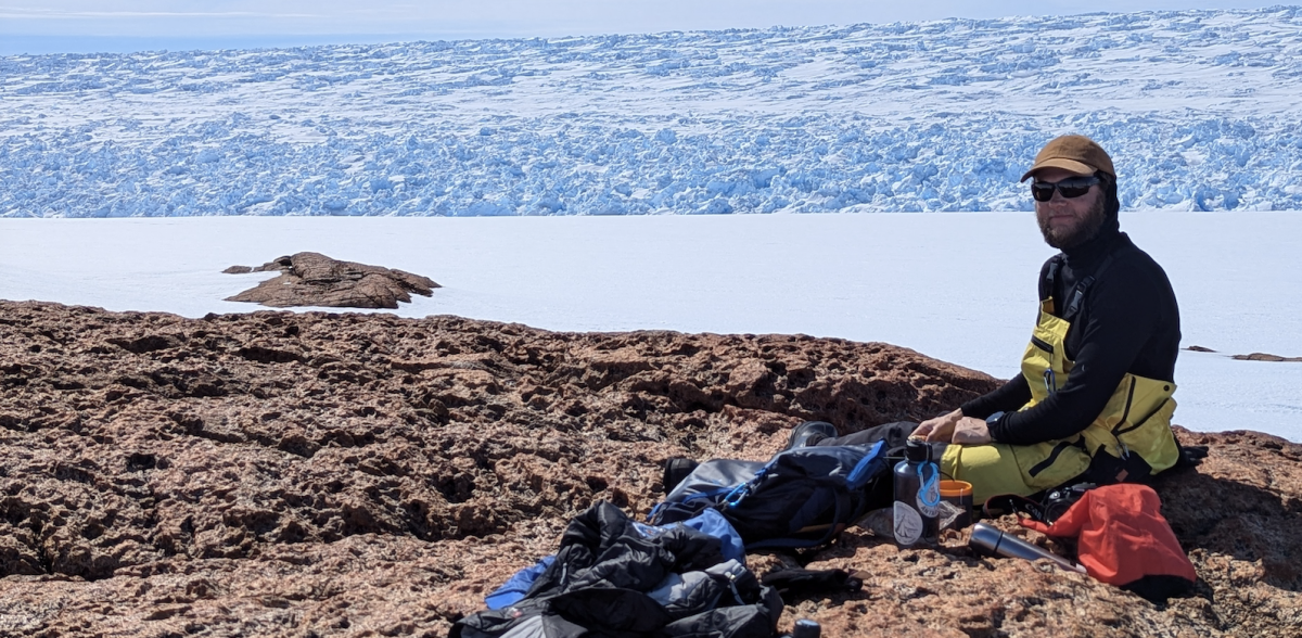 Screenshot 2025-09-11 at 3.39.23 PM The Denman Glacier, East Antarctica, close to seismic site at Harrison Rocks. Niam Askey-Doran (field geophysicist, PhD student) in the foreground.